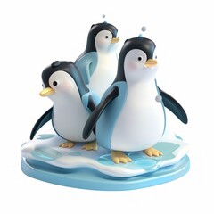 Three penguins standing on ice