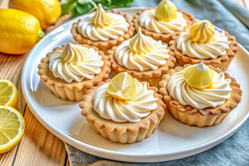 Freshly baked tartlets adorned with a dollop of tangy lemon curd and topped with fluffy Italian meringue, perfectly arranged on a crisp white plate.