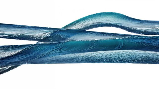 Floating jets of water create sea waves that dance in an abstract, harmonious and sinuous motion within an infinite seamless loop, isolated on a white background