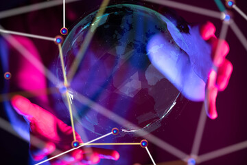 Global network. Blockchain. 3D illustration. Neural networks and artificial intelligence. Abstract