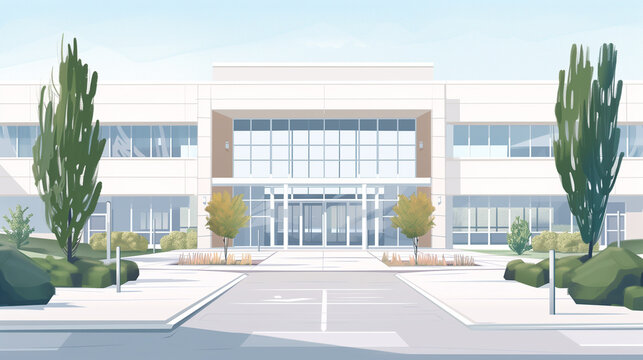 Modern school building exterior, architectural illustration