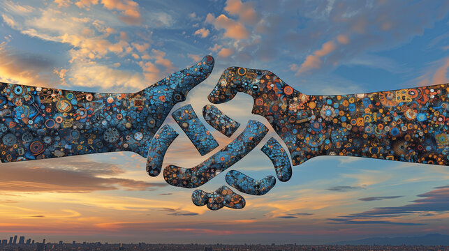 A conflict mediation scene, showing symbols related to peace, negotiation and problem solving. This image shows the process of reaching a compromise and reaching an agreement.
