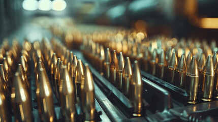 A view of various bullet casings used in the production of military ammunition. Gold scales, in various sizes, are shown against the background of a factory production line.