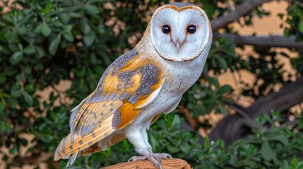 Obraz premium Barn owl with heart-shaped face perches in vibrant foliage