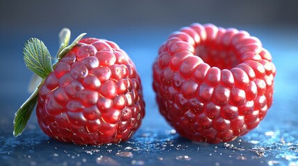 Two red raspberries with dew drops on a blue background