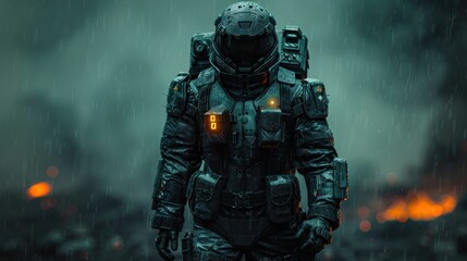 A lone space ranger walks through a rainstorm in a ruined city