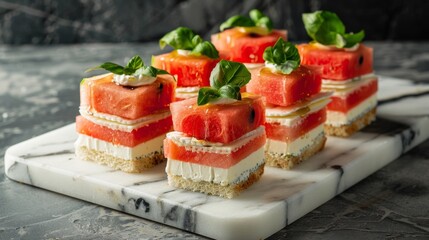 artistic arrangement of watermelon sandwiches with layers of watermelon, served on a marble platter