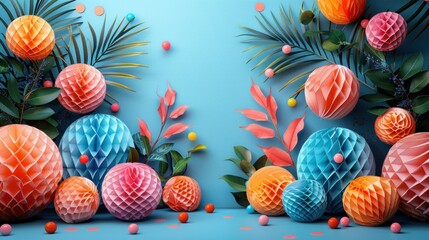Colorful paper balls and tropical leaves on a blue backdrop