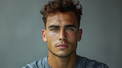 Fototapeta premium A young man with blue eyes stares intently at the camera