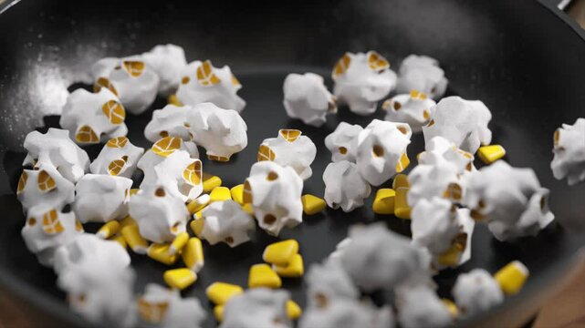 Close-up of popcorn kernels popping in a frying pan