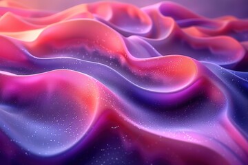 Obraz premium Abstract undulating vibrant satin fabric texture in soft waves with gradient hues of pink, purple, and orange, highlighted by glistening particles in a dreamy, fluid, and futuristic designabstract
