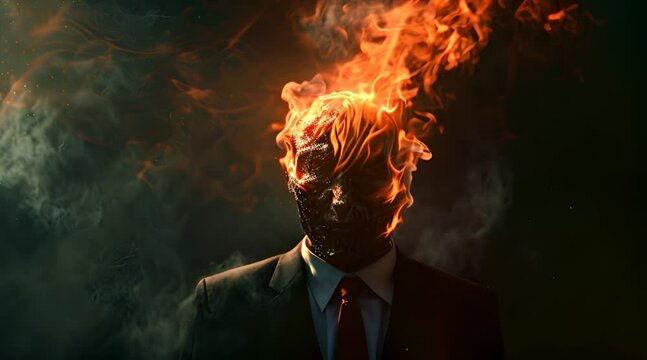 A man with a face made of fire and smoke. Generate AI Video
