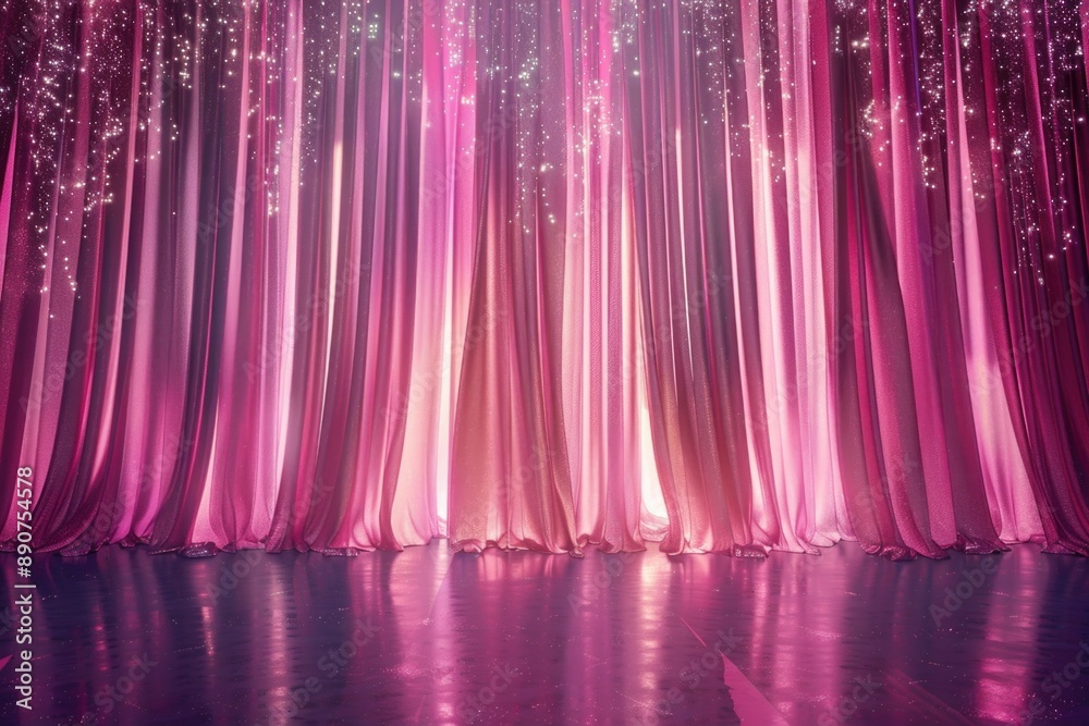 Poster a stage set with a pink curtain and lights, ready for a performance