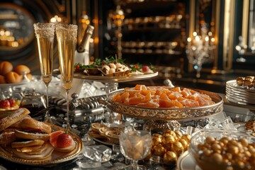 Elegant Reception Table with Champagne Glasses, Luxurious Desserts, Gourmet Snacks, and Ornate Decorations in an Opulent Settingluxury