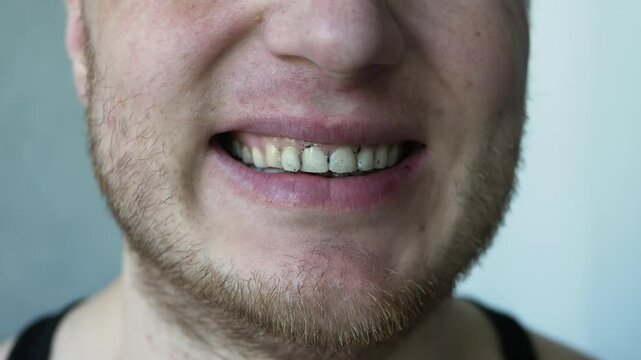 Dirty teeth with black plaque caries in people. A man with a smile with ugly teeth. Concept of caring for forgetfulness.