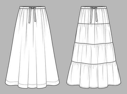Vector tired maxi skirt fashion CAD, woman bohemian flared skirt with gathering technical drawing, template, flat, sketch. 2 pcs set of jersey or woven fabric skirt with front, back view, white color