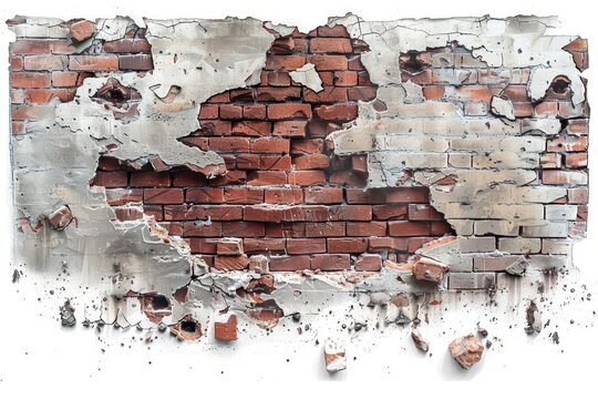 Fototapeta Old weathered brick wall with peeling plaster revealing the red bricks underneath, perfect for urban decay and vintage backdrop designs.