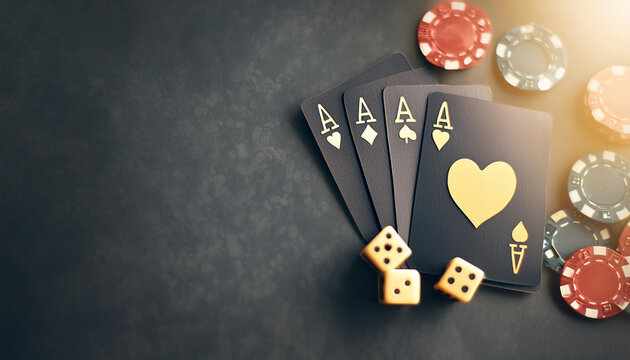 MESA DE P&Ocirc;QUER COM CARTAS E FICHAS DE UM JOGO EM UM CASSINO 