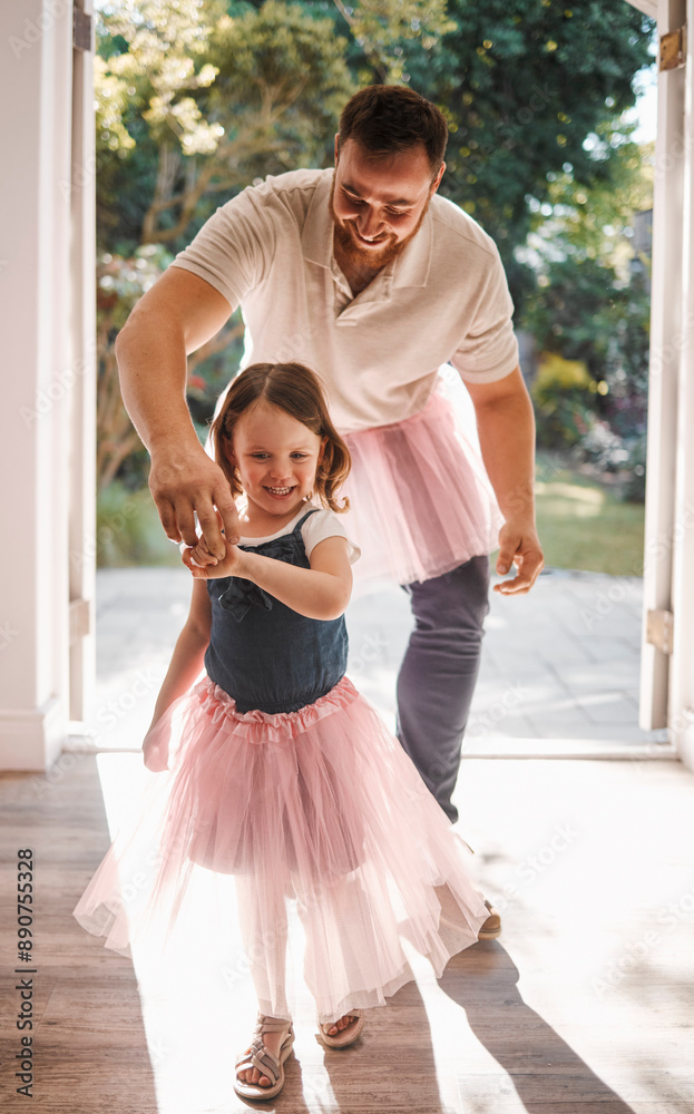 Poster Kid, dad and dance in dress in home for love, care and family bonding on fathers day. Girl, princess and happy child with parent for playing game, holding hands and celebrate winning custody in skirt