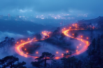 Scenic Winding Mountain Road Illuminated by Streetlights in Misty Fog Overlooking Cityscape at Night with Glowing Light Trails and Vibrant Blue Atmospheric Moodnight