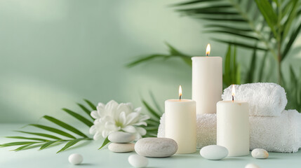 Spa setting with candles, towels, stones, and green leaves in a serene environment.
