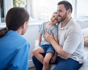 Doctor, home visit and boy for examination, dad support and pediatrician for child diagnosis. Nurse, kid and healthcare in bedroom for treatment or sick patient, father and physician taking for help