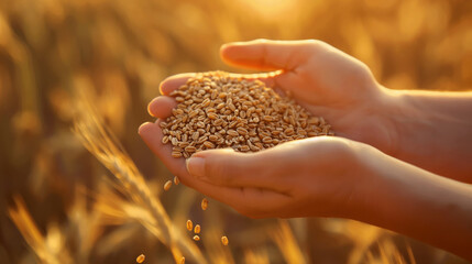 Hands holding wheat grains in a golden field at sunset.
