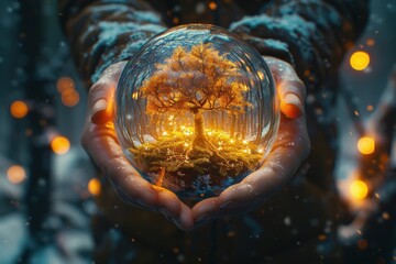 Magical Winter Scene with Illuminated Tree Enclosed in Glass Orb Held by Person with Snowflakes and Warm LightingMagic
