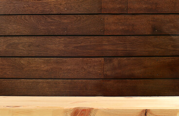 Empty wooden table with old wall with space for text, rustic style, eco concept, kitchen mockup for design and showcase for product display, template with texture,