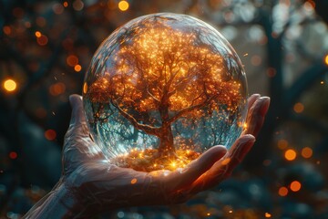 The beauty of nature encapsulated within a glowing glass orb held by a reflective metallic hand against a magical, vibrant forest background in the twilighttree