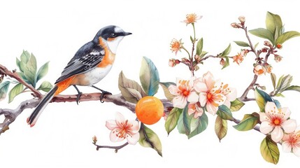 Watercolor vector drawing of orange plant leaf and fruit