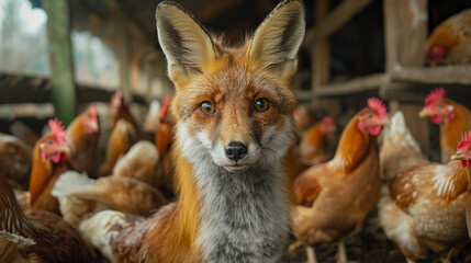 Fox surrounded by chickens inside a barn, creating a surprising scene.