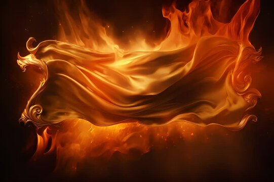 gold flag in fire on black background
