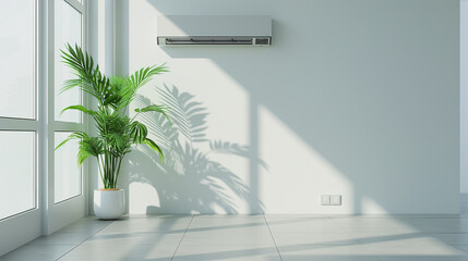 Minimalist empty room with large windows, air conditioner, and potted plants.