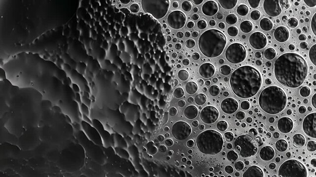 An abstract black and white image of a bubbly textured surface with the varying shapes and sizes of the bubbles creating a mesmerizing pattern.