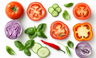 Assortment of fresh vegetables including tomatoes, cabbage, cucumbers, and basil on a light surface.

