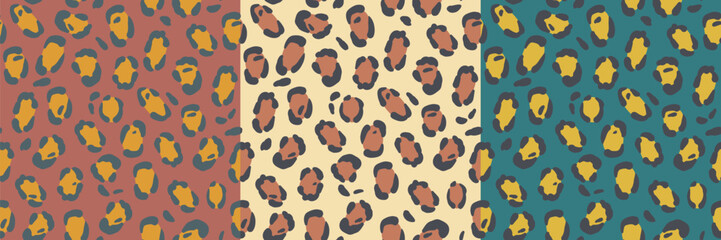 Abstract leopard fur seamless pattern set. Animals trendy background. Color decorative 2d art.