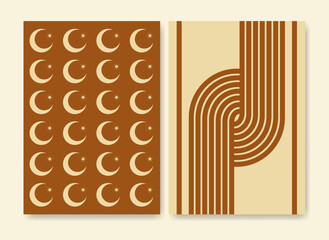 Minimalist aesthetic balancing shapes simple poster. Stripes and moon vector illustration.