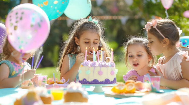 Vibrant summer outdoor kids' birthday party with happy children celebrating in a park, blowing candles on a birthday cake surrounded by lilac pink pastel decorations and delicious food - Powered by Adobe