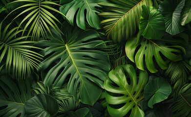 Dense arrangement of tropical green leaves creating a lush jungle background.
