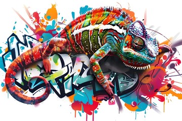 Vibrant Chameleon Blending into Colorful Graffiti Wall for Sticker Design
