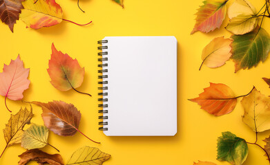 Blank notebook surrounded by vibrant autumn leaves on a yellow background.
