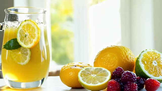 A jug of lemonade on the kitchen table, illuminated by sunlight, surrounded by lemons and berries.

