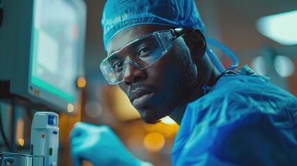 Focused African American Doctor in Surgical Attire Working in Advanced Medical Laboratory - High-Resolution Image for Healthcare, Medical Research, and Hospital Settings