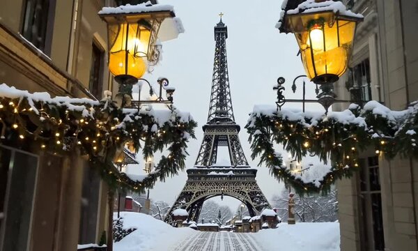 eiffel of paris in snow christmas day