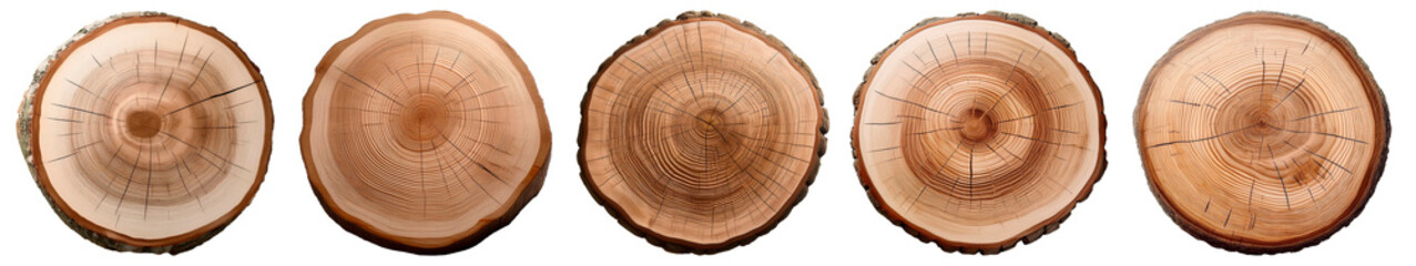 Obraz premium Round wooden piece of tree trunk on transparent background, PNG file. Birch, beech, oak, ash, pine.