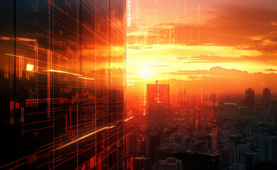 Futuristic cityscape with digital data and stock market graphs overlay at sunset.