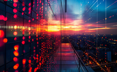 Futuristic cityscape with digital data overlay at sunset.