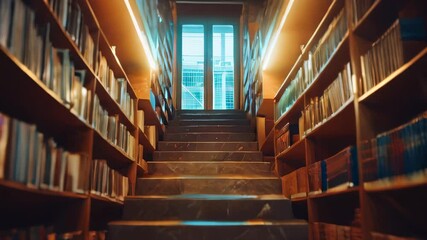 Marble stairs leading to brightly lit library with bookshelves on both sides