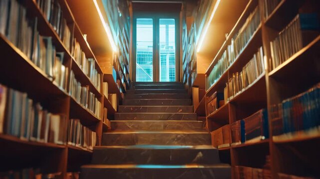 Marble stairs leading to brightly lit library with bookshelves on both sides